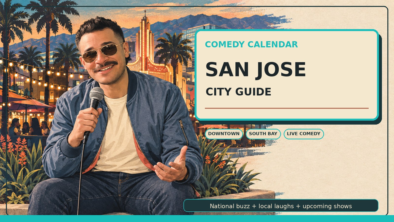 San Jose Comedy Calendar city guide with Manny in pale champagne vintage aviator sunglasses, dusty steel-blue bomber jacket, cream shirt, restrained warm coral accent, microphone, downtown San Jose skyline, palm-lined streets, California Theatre-style glow, tech-campus glass shapes, foothills, patio lights, street mural colors, and upcoming comedy shows