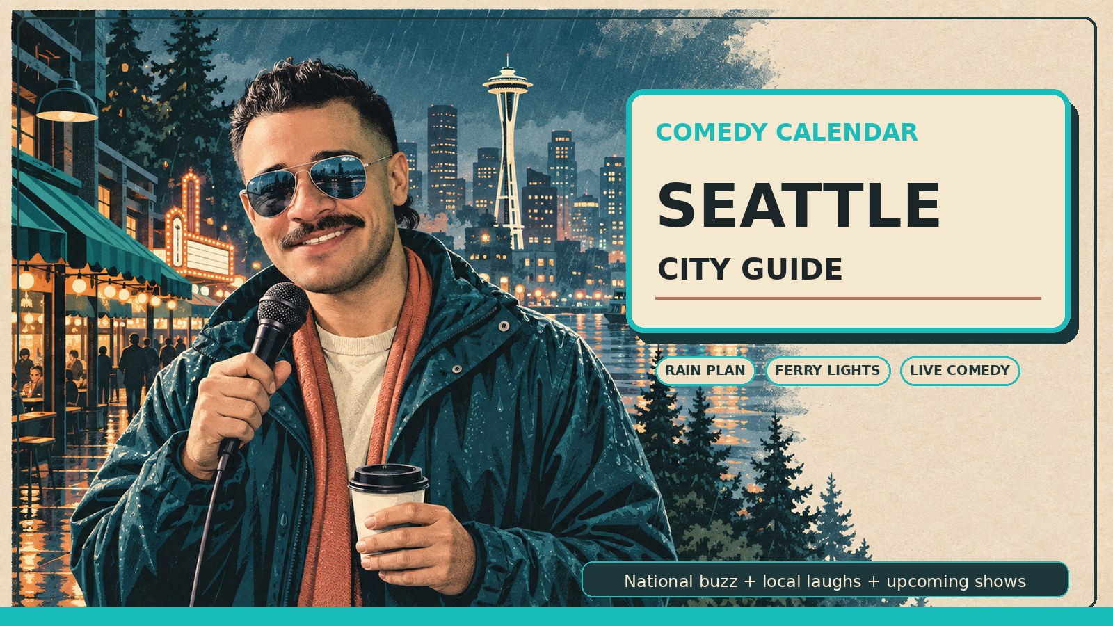 Seattle Comedy Calendar city guide with Manny in steel-blue vintage aviator sunglasses, dark teal rain jacket, cream shirt, muted coral scarf, microphone, coffee cup, Space Needle, Elliott Bay ferry lights, wet street reflections, theater glow, and upcoming comedy shows