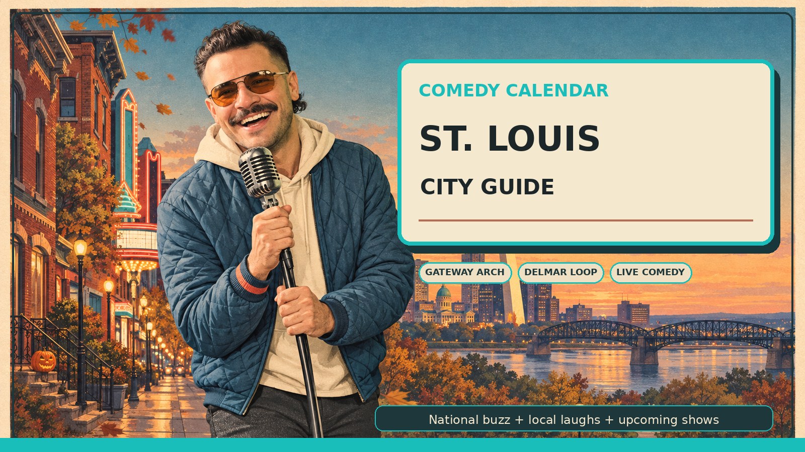 St. Louis Comedy Calendar city guide with Manny in matte black vintage aviator sunglasses, steel-blue quilted bomber jacket, cream hoodie, coral beanie, laughing at a vintage microphone stand, Gateway Arch, Eads Bridge, Mississippi River, Delmar Loop neon, red brick rowhouses, autumn trees, and upcoming comedy shows